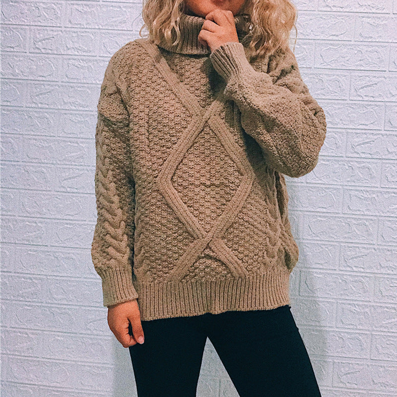 Damen Grobstrickpullover mit modischem Zopfmuster und hohem Kragen EB