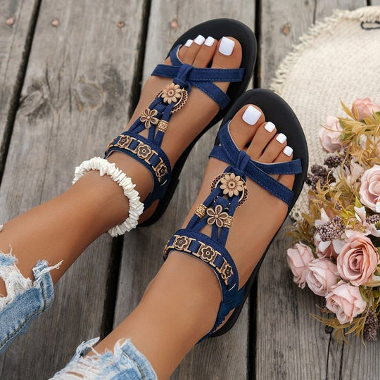 Damen modische Zehentrenner-Sandalen mit floralen Verzierungen EB