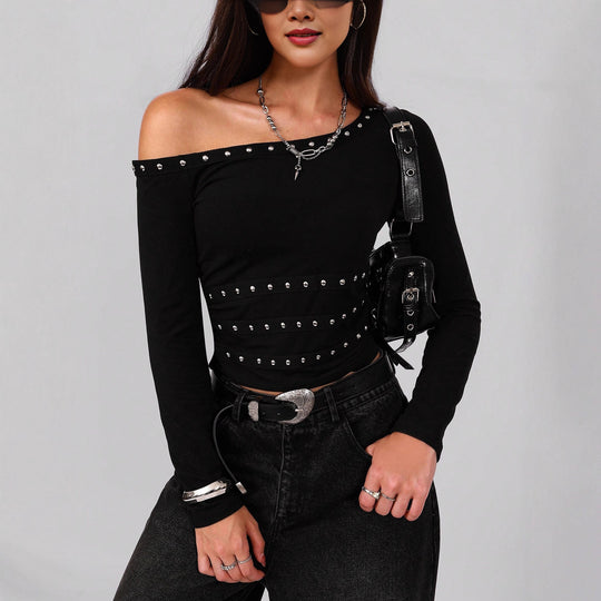 Damen nan asymmetrisches schulterfreies Langarmshirt mit Nietenbesatz und tailliertem Schnitt EB
