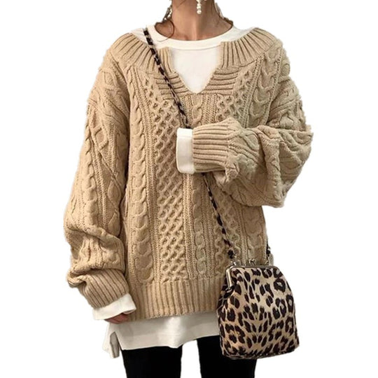 Damen nan weit geschnittener Strickpullover mit Zopfmuster und V-Ausschnitt EB