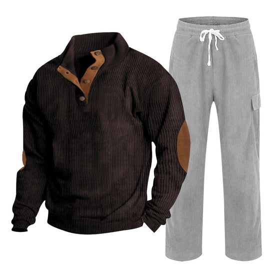 Herren nan Strick-Freizeitset mit Knopfleiste und Ellenbogenaufnähern sowie Cord-Cargohose EB