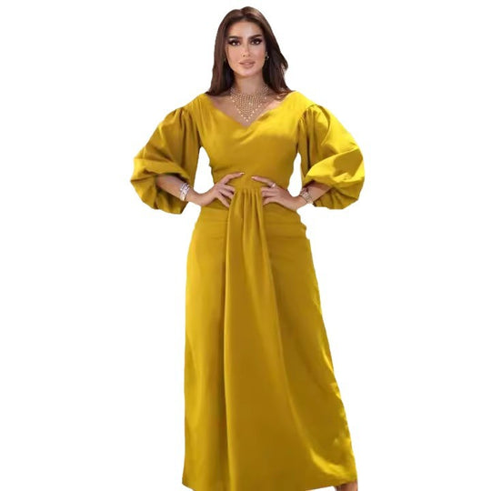 Damen Elegantes Maxikleid mit voluminösen Ärmeln und taillierter Drapierung EB