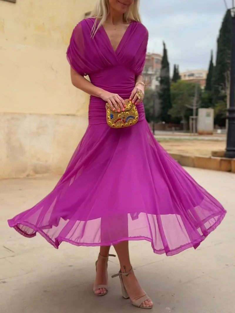 Damen nan fließendes Abendkleid mit transparentem Chiffon-Capelet, V-Ausschnitt und taillierter Drapierung EB