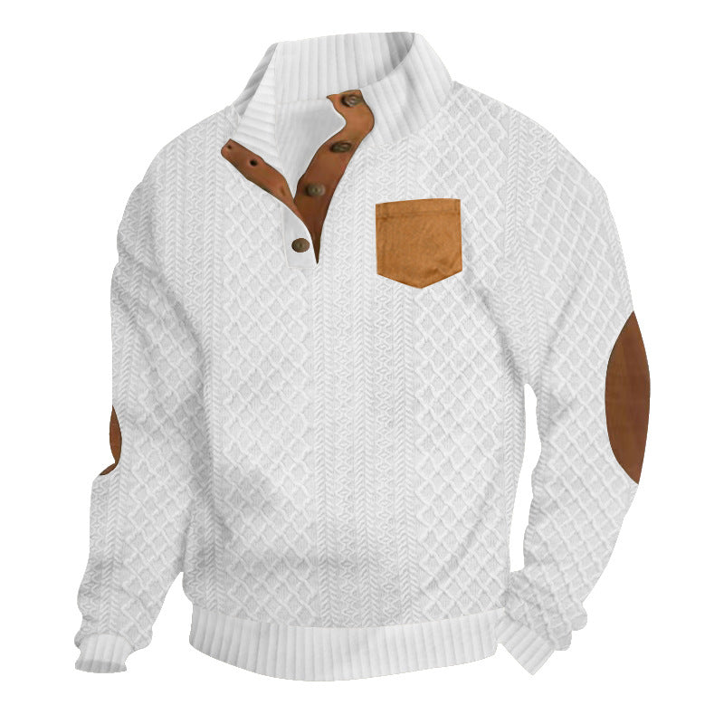 Herren Strukturiertes Kabelstrick-Sweatshirt mit Halbknopfblende, Kunstleder‑Patchtasche & Ellbogenpatches EB