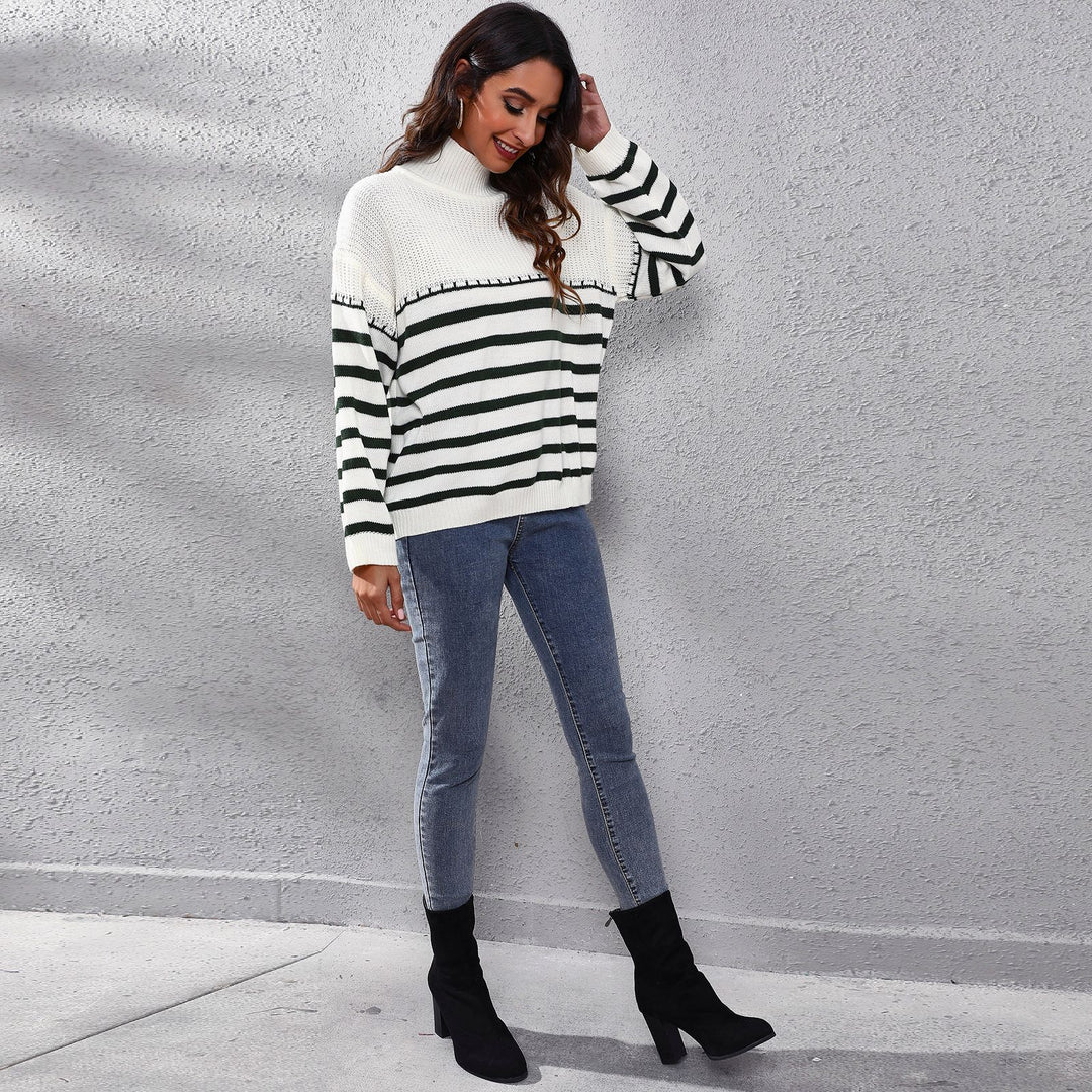 Damen Strickpullover mit hohem Kragen und modernem Streifenmuster EB