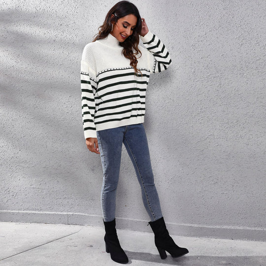 Damen Strickpullover mit hohem Kragen und modernem Streifenmuster EB