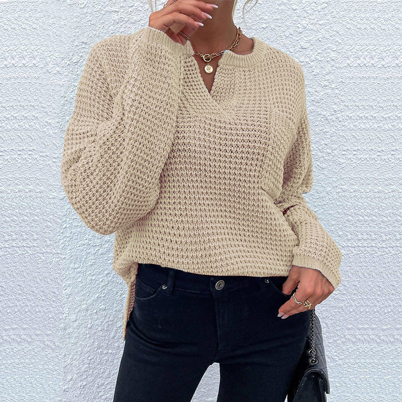 Damen lässiger Strickpullover mit V-Ausschnitt und enganliegendem Bund EB