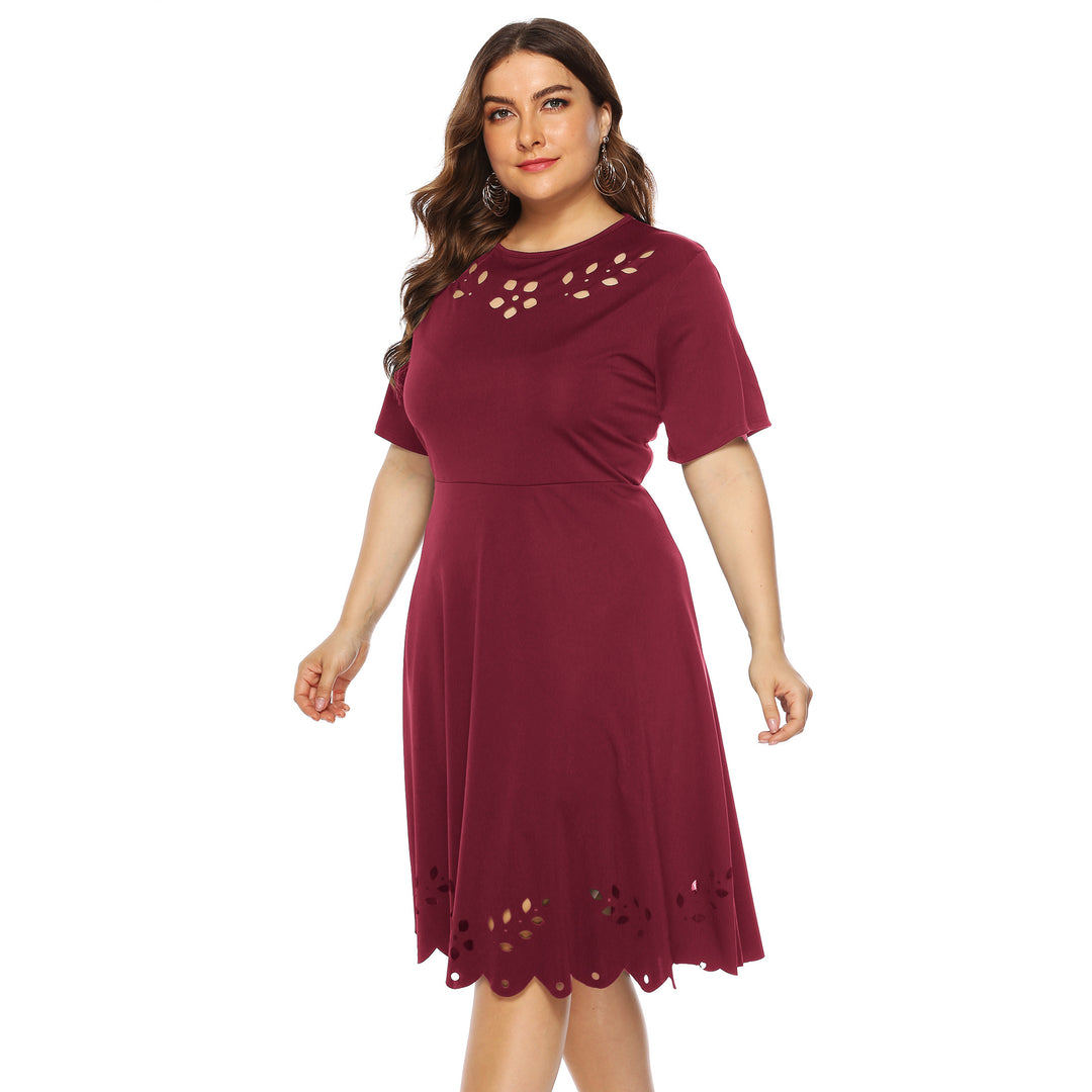 Damen elegantes Kleid mit durchbrochenem Kragen und wellenförmigem Saum EB