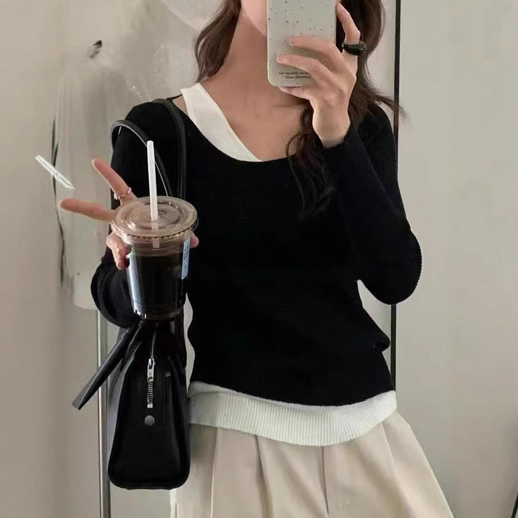 Damen lässiger V-Ausschnitt Strickpullover mit kontrastrierendem Saum EB