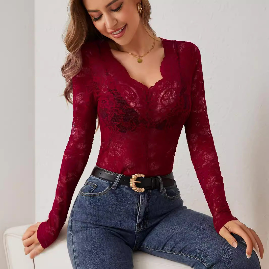 Damen nan transparenter Spitzenbody mit tiefem V-Ausschnitt und geformten Cups EB