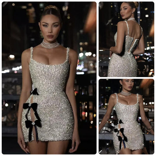Damen Glamouröses Pailletten-Minikleid mit süßen Schleifen und figurbetontem Design EB