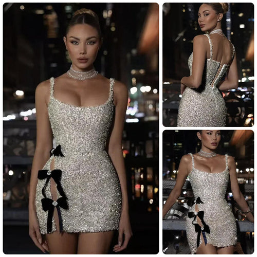 Damen Glamouröses Pailletten-Minikleid mit süßen Schleifen und figurbetontem Design EB