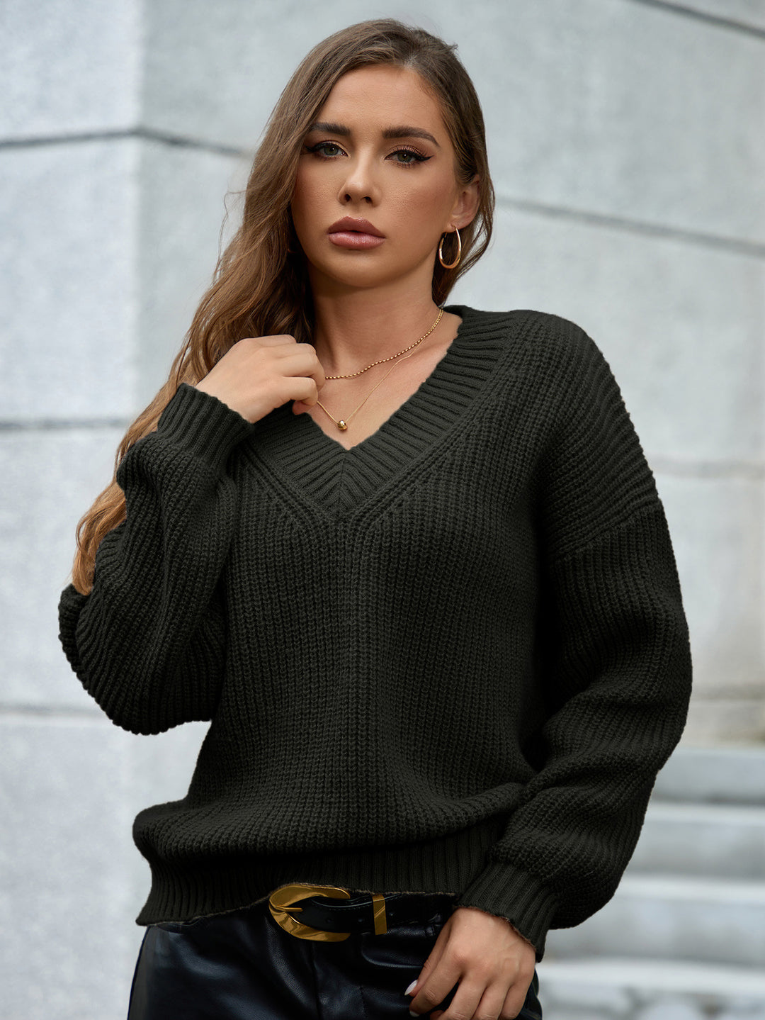 Damen gemütlicher V-Ausschnitt Strickpullover mit lockerem Schnitt und strukturiertem Muster EB