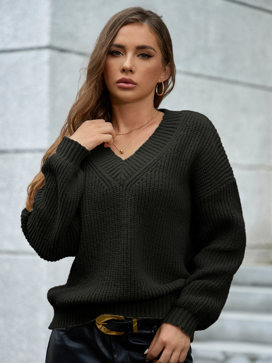 Damen gemütlicher V-Ausschnitt Strickpullover mit lockerem Schnitt und strukturiertem Muster EB