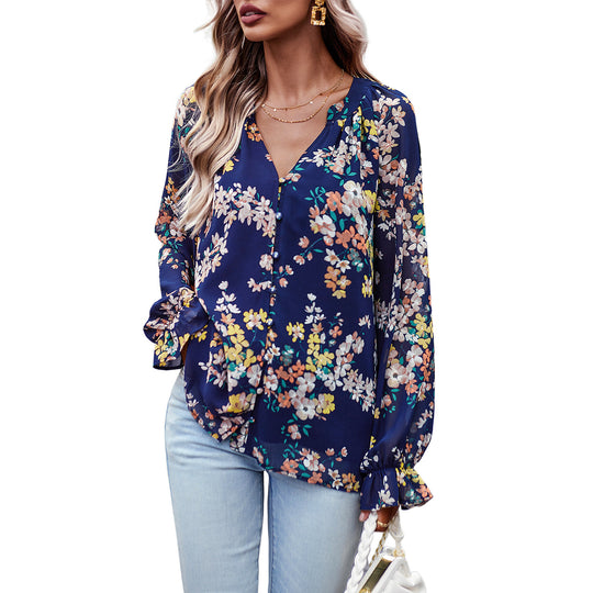 Damen nan Chiffon-Bluse mit floralem Alloverprint, V-Ausschnitt, Knopfleiste und gebundenen Manschetten EB