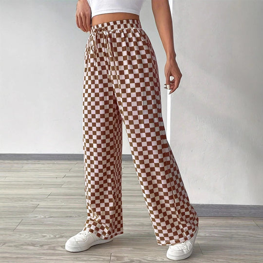 Damen Weite Freizeithose mit kariertem Muster und elastischem Bund EB