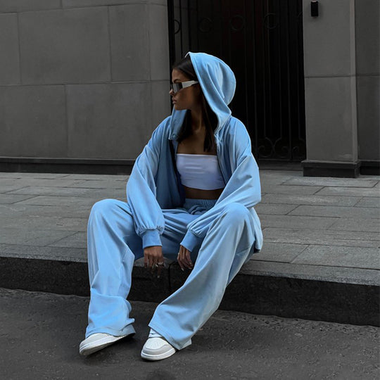 Damen nan luxuriöses Velours-Zweiteiler Set mit kurzem Reißverschluss-Hoodie und weiten Highwaist-Loungehosen EB