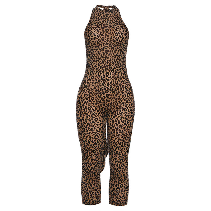 Damen Figurbetonter Jumpsuit mit Leopardenmuster und hochgeschlossenem Ausschnitt EB