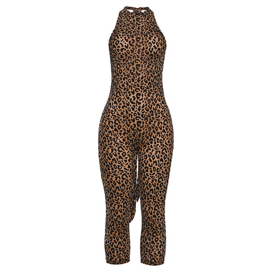 Damen Figurbetonter Jumpsuit mit Leopardenmuster und hochgeschlossenem Ausschnitt EB