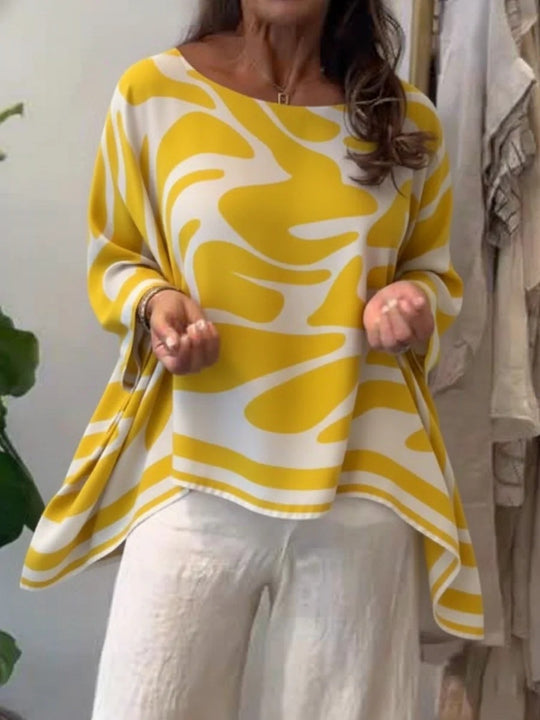 Damen Oversize Sommerbluse mit abstraktem Print, Fledermausärmeln und asymmetrischem Saum EB