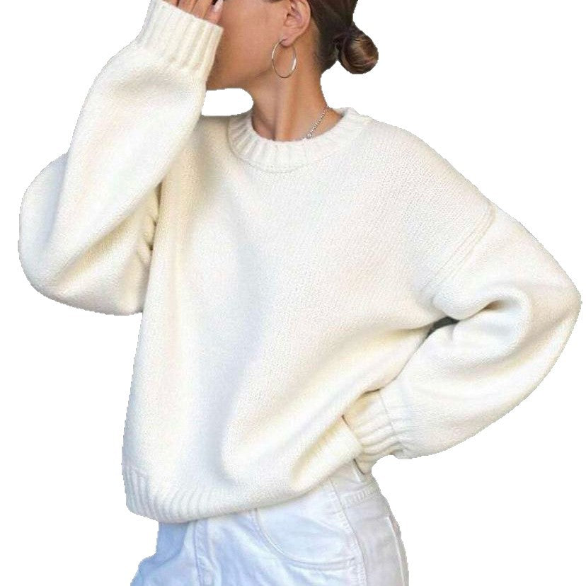 Damen lässiger und oversized Strickpullover mit Rundhalsausschnitt EB