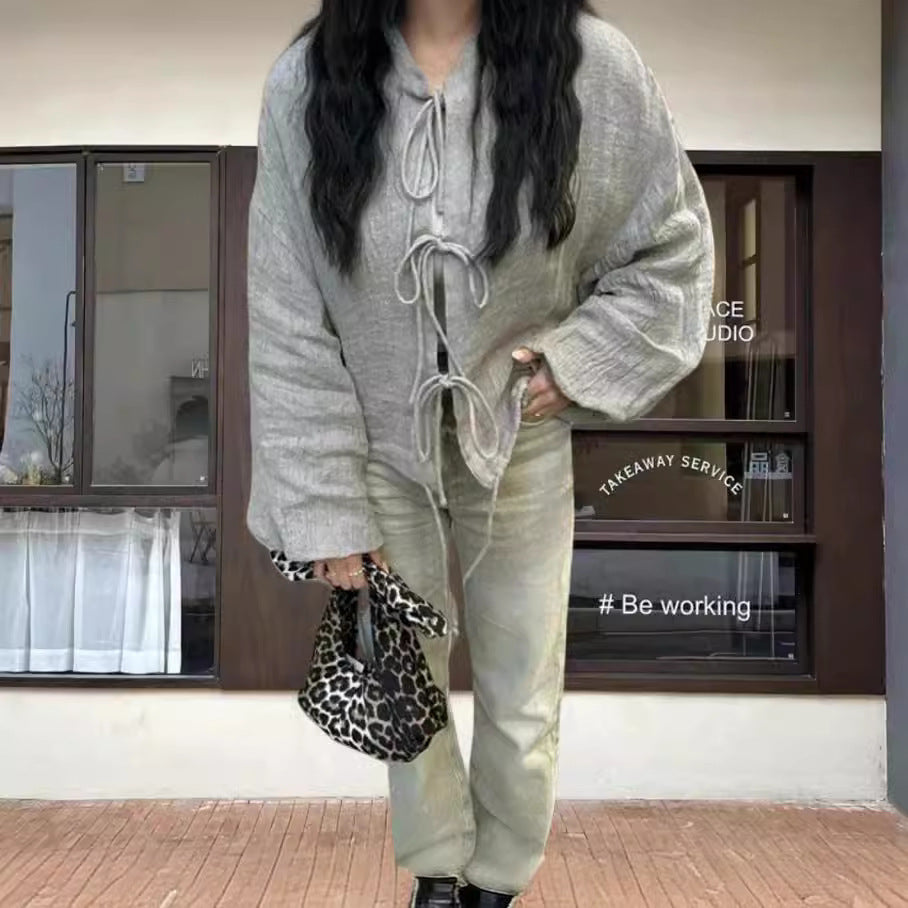 Damen leicht gefütterte Knitjacke mit Kordelzug und weiten Ärmeln EB
