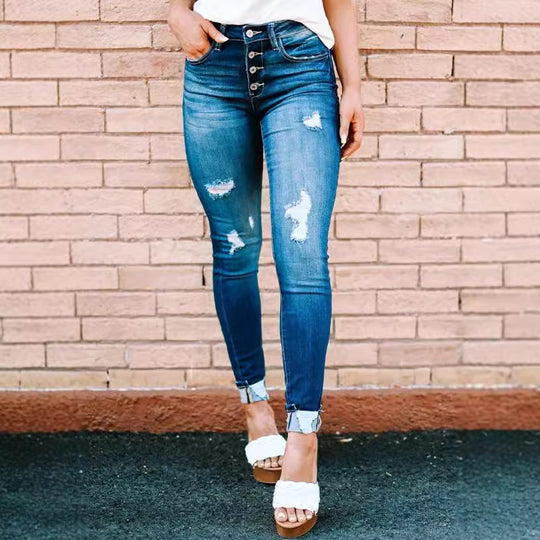 Damen High-Waist Skinny Jeans mit modischen Knopfdetails EB