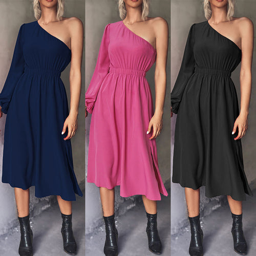 Damen Midikleid mit asymmetrischem One-Shoulder-Design und elastischem Taillengürtel EB
