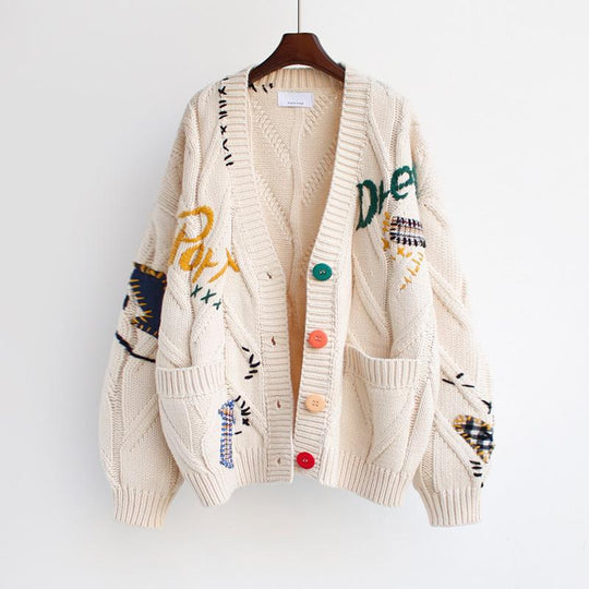Damen gefütterter Strickcardigan mit bunten Knöpfen und einzigartigem Design EB