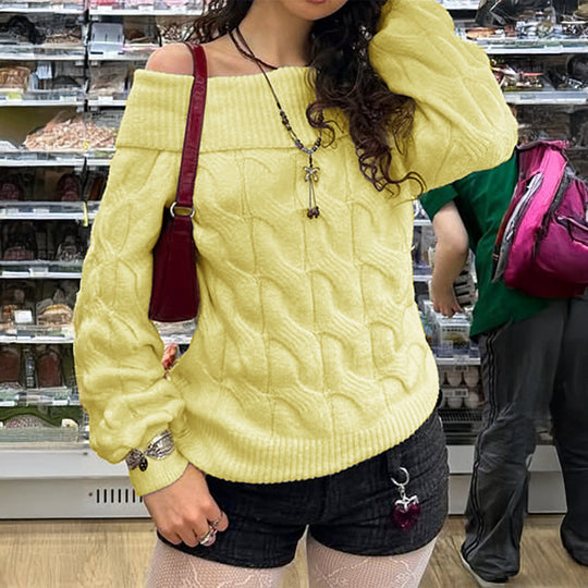 Damen nan schulterfreier Grobstrickpullover mit Zopfmuster, weitem Armaufschlag und elastischem Rippenbund EB