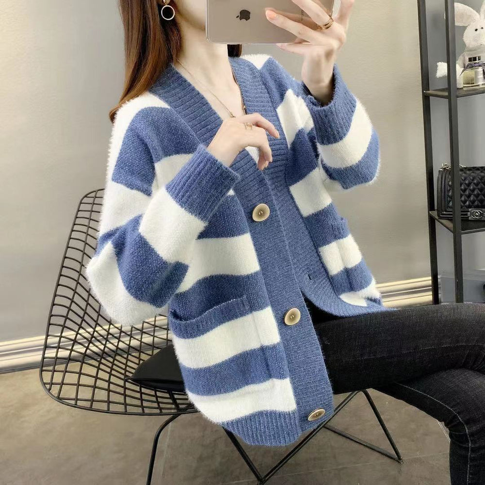 Damen Grobstrick-Cardigan mit Breton-Streifen und praktischen Taschen EB
