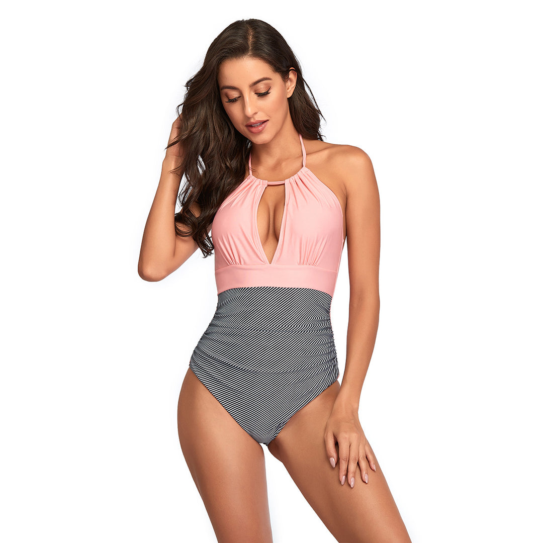 Damen Eleganter Einteiler Badeanzug mit tiefem V-Ausschnitt und geschmeidigem Stoff EB