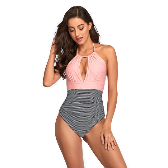 Damen Eleganter Einteiler Badeanzug mit tiefem V-Ausschnitt und geschmeidigem Stoff EB