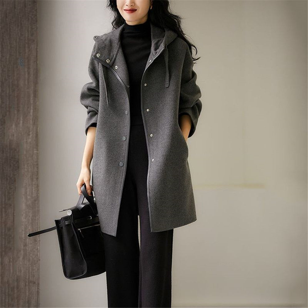 Damen nan midilanger Wollmixmantel mit Kapuze und Druckknopfleiste im Oversize-Schnitt EB