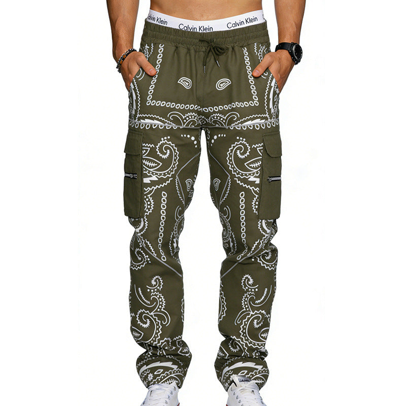 Herren Cargo-Hose mit Bandana-Print, elastischem Bund und Zipper-Taschen EB