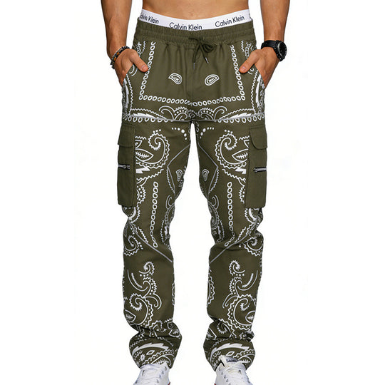 Herren Cargo-Hose mit Bandana-Print, elastischem Bund und Zipper-Taschen EB
