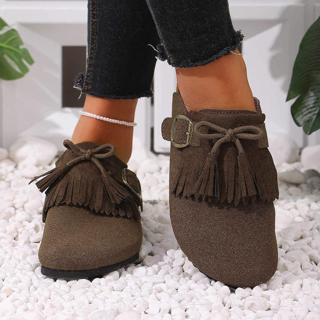 Damen Clogs mit dekorativen Fransen und verstellbarem Schnallenverschluss EB