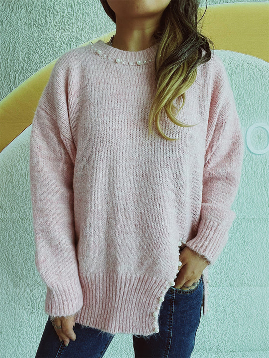 Damen Grobstrickpullover mit Perlenausschnitt und asymmetrischem Saum EB