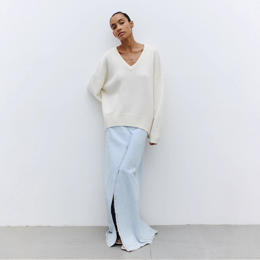 Damen Oversized V-Ausschnitt Strickpullover EB