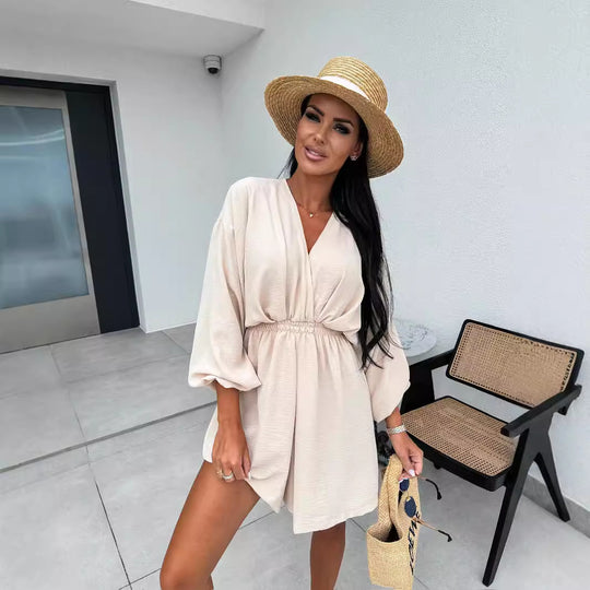 Damen Oversized Strandkleid mit tiefem V-Ausschnitt und schwingender Silhouette EB