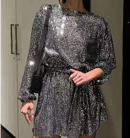 Damen Glitzerndes Minikleid mit langen Ärmeln und schimmerndem Oberstoff EB