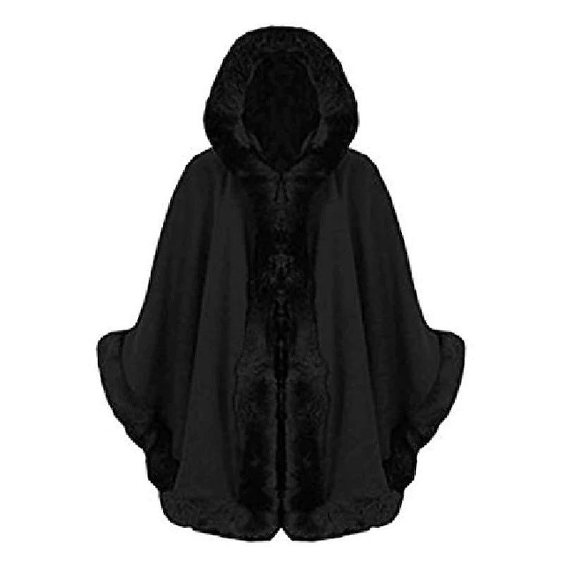 Damen Kunstfell-Cape mit voluminösem Kapuzenkragen und eleganter Felloptik EB