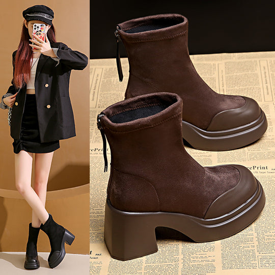 Damen modische Ankle Boots mit hohem Blockabsatz und Reißverschluss EB