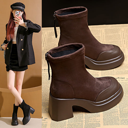 Damen modische Ankle Boots mit hohem Blockabsatz und Reißverschluss EB