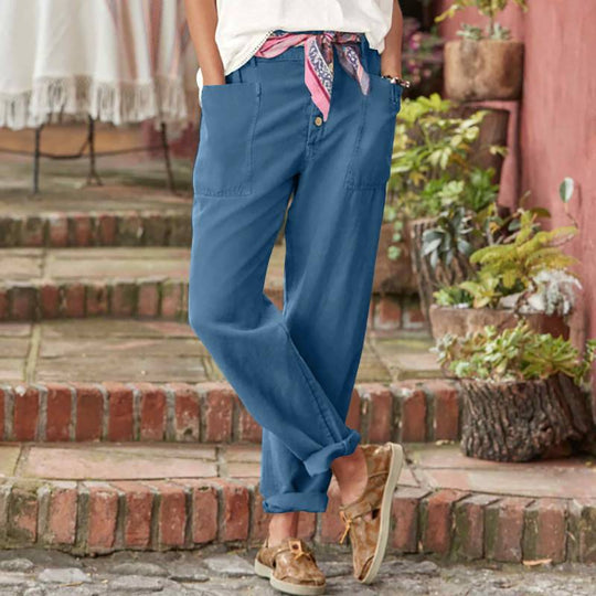 Damen nan Leinen-Baumwoll-Loungehose mit weitem Schnitt, hoher Bund und aufgesetzten Taschen EB