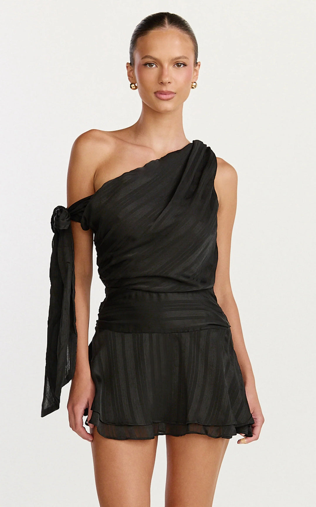 Damen asymmetrisches Mini-Kleid mit eleganter Drapierung und seitlichem Bindeband EB