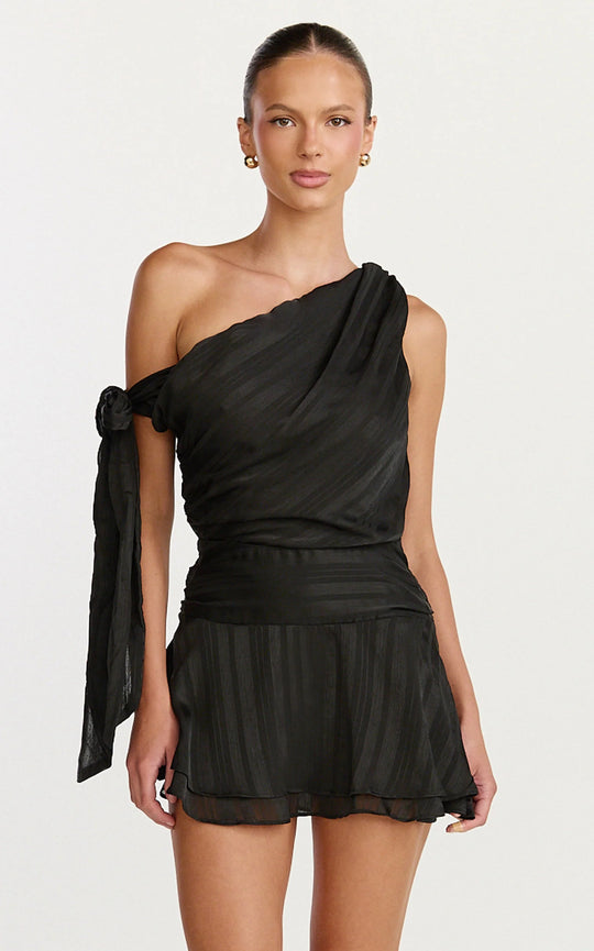 Damen asymmetrisches Mini-Kleid mit eleganter Drapierung und seitlichem Bindeband EB