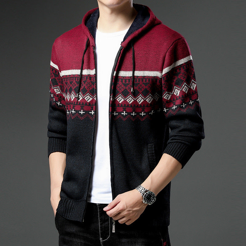 Herren gemusterte Strickjacke mit Kapuze und komfortablem Schnitt EB