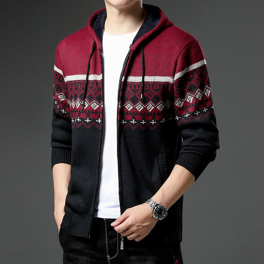 Herren gemusterte Strickjacke mit Kapuze und komfortablem Schnitt EB