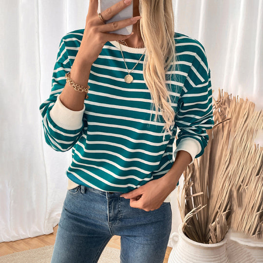 Damen Lässiger Streifenpullover mit elastischen Bündchen und Rundhalsausschnitt EB